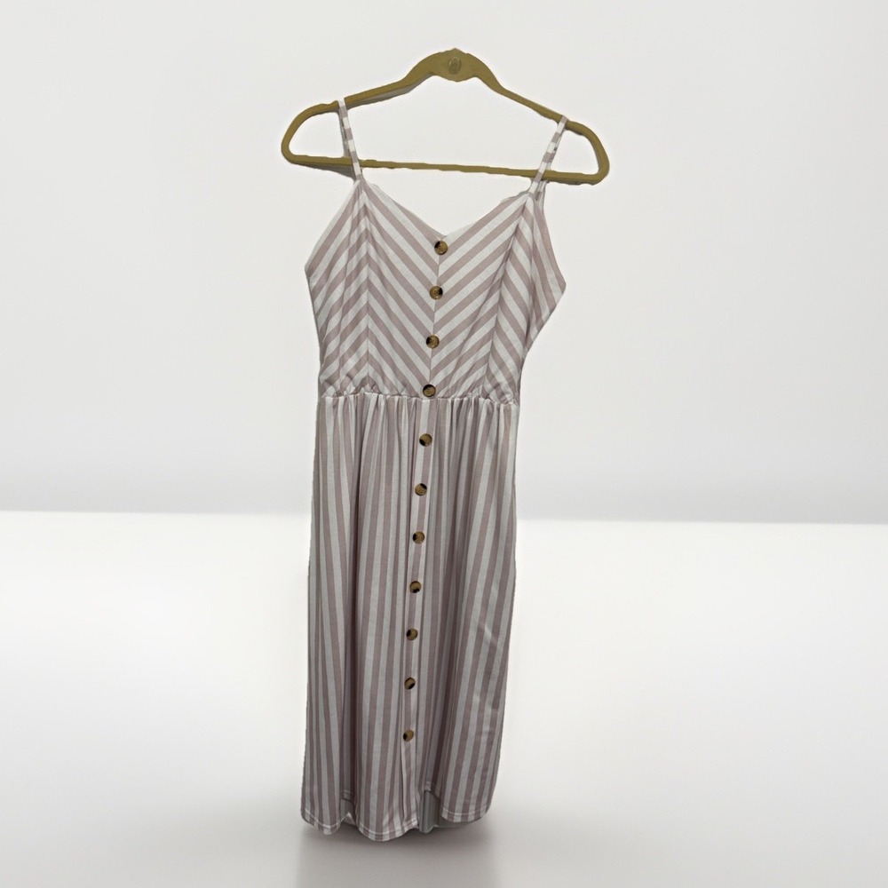 Angashion Coastal Midi Dress Womens L White Tan Striped Button Front Sleeveless
